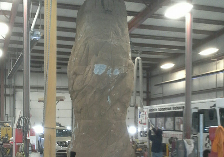 Portable rock wall in our shop for repairs